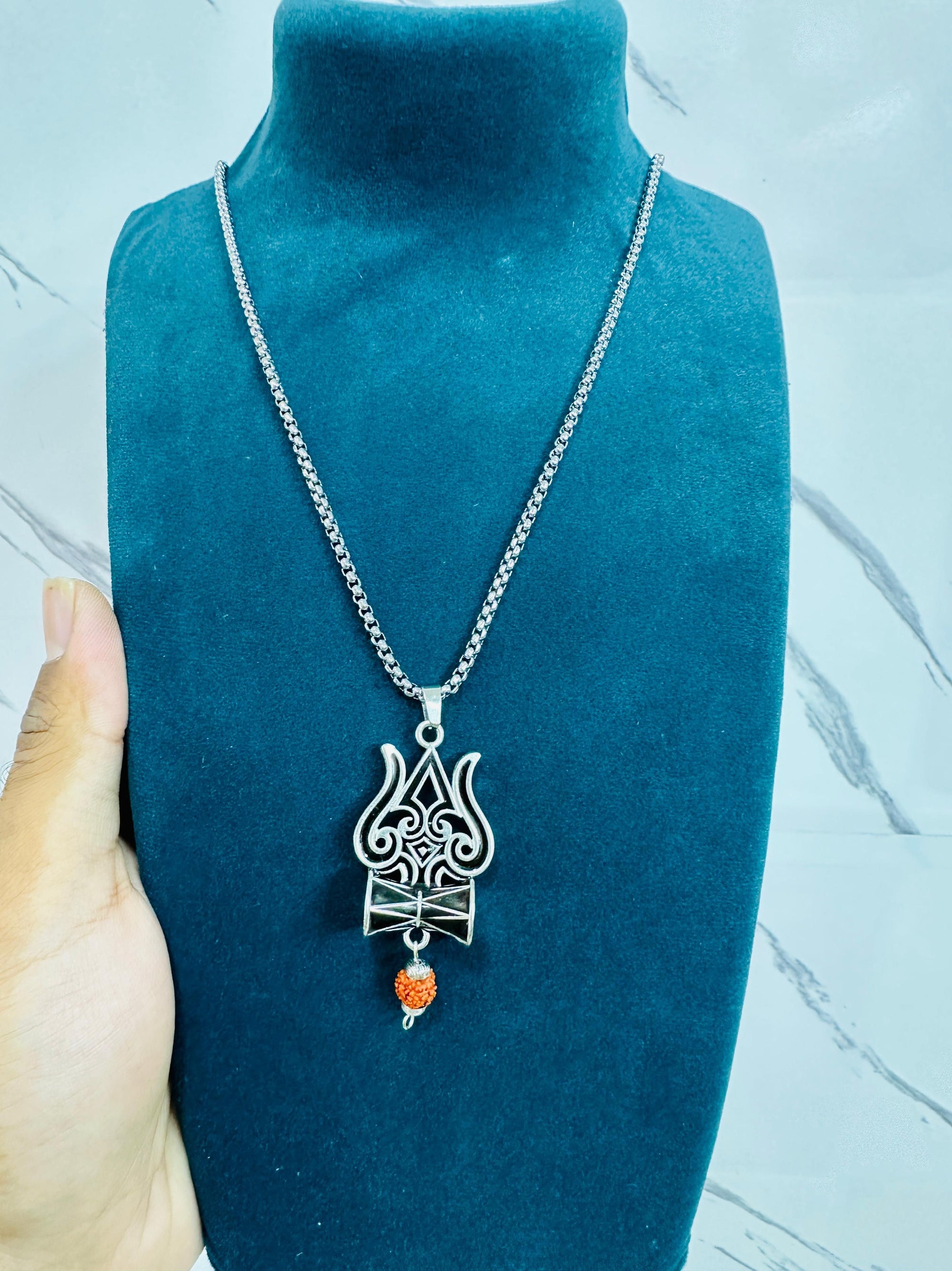 Spiritual Trishul Damru Rudraksha Pendant Chain (Oxidised Silver Finish)