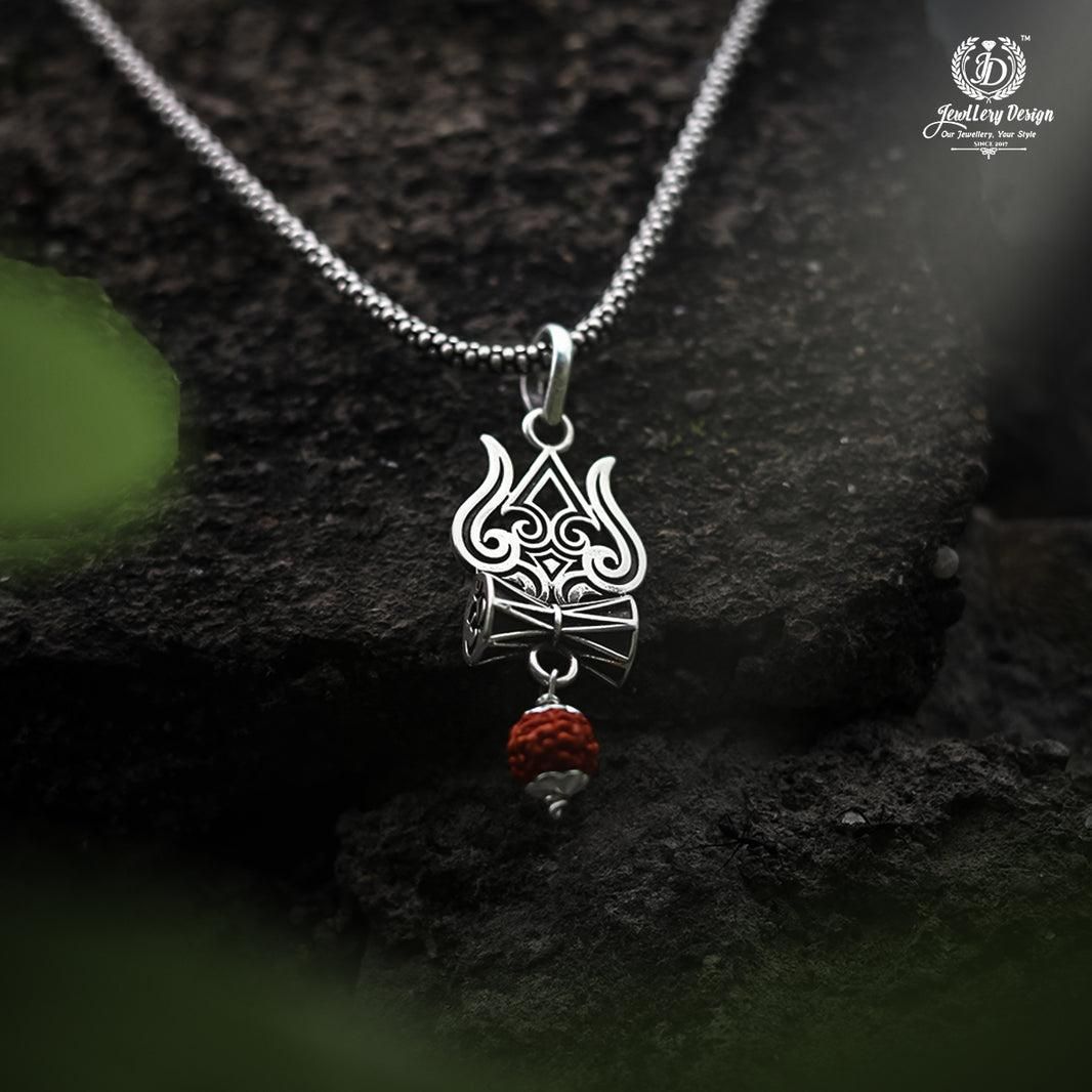 Spiritual Trishul Damru Rudraksha Pendant Chain (Oxidised Silver Finish)