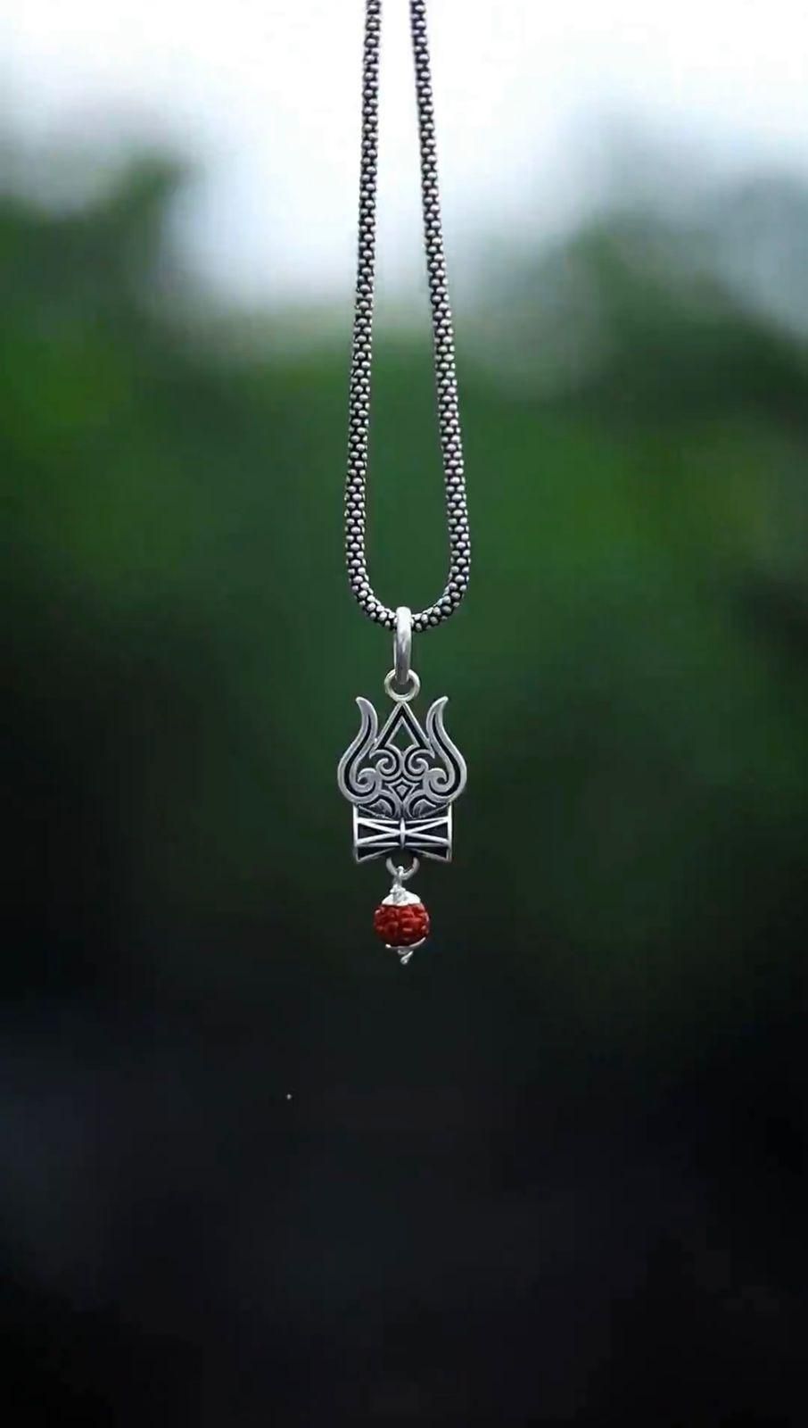 Spiritual Trishul Damru Rudraksha Pendant Chain (Oxidised Silver Finish)