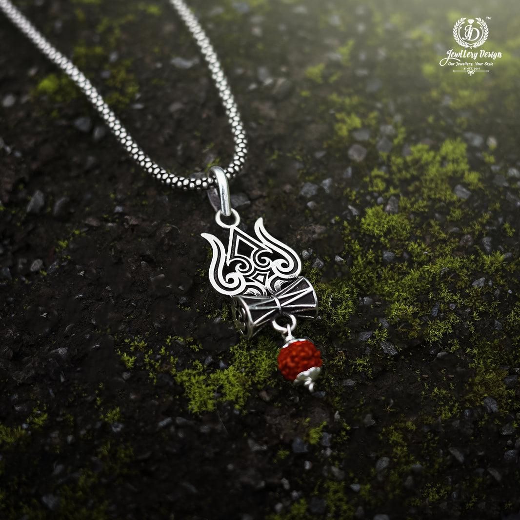 Spiritual Trishul Damru Rudraksha Pendant Chain (Oxidised Silver Finish)